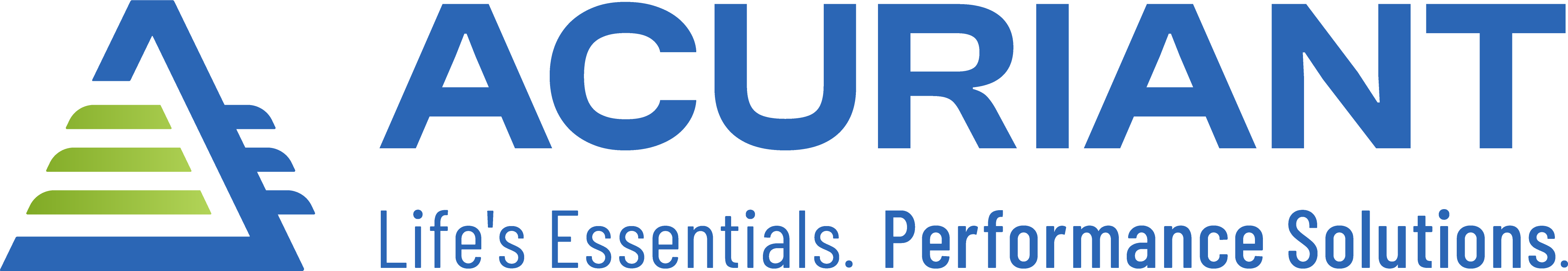 Acuriant logo with tagline, blue triangle icon with 3 green gradient lines through it to show membrane filtration